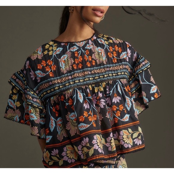 FARM Rio Tops - Farm Rio Blouse Top Short Sleeve Flowery Multicolor Medium